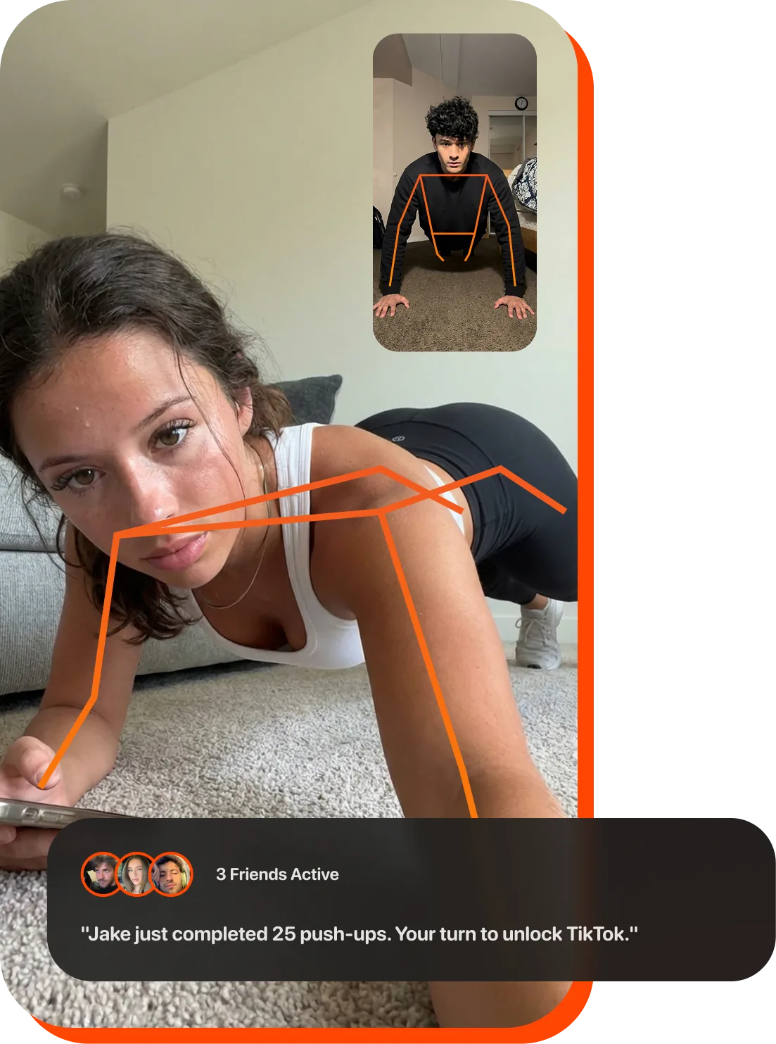 Friends exercising together with AI pose tracking and activity notifications