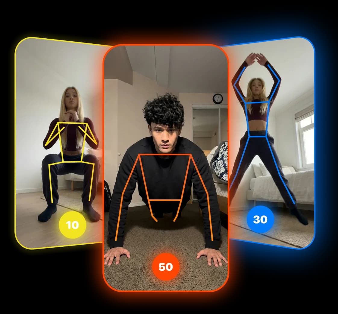 AI pose detection showing push-ups, squats, and jumping jacks with rep counters